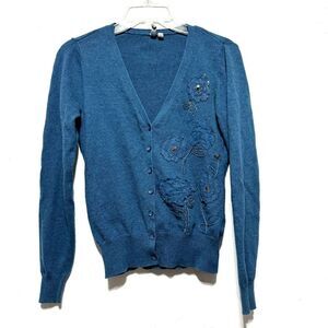 Caslon Cardigan Sweater Floral Blue Button Up Cashmere Blend Knit Womens sz XS